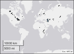 World map with lakes in blue