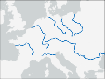 Blue lines displayed over a map of Europe