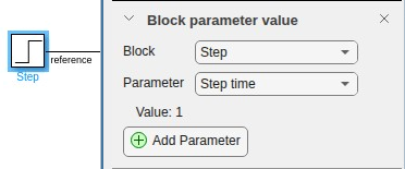 Block parameter value test with corresponding Step block highlighted in block diagram