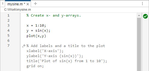 Code file in the Editor, showing an autocompletion suggestion. After calls to the sin and plot functions, Copilot suggests code to add labels and a title to the plot. There is a sparkle button to the left of the suggested code.