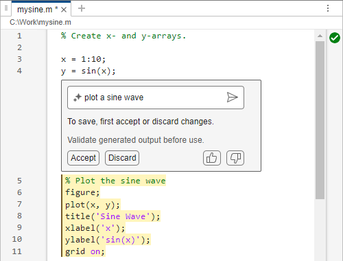 Code file in the Editor, showing code that calls the sin function and a MATLAB Copilot text box below it. The prompt "plot a sine wave" is visible in the text box and the generated code to plot a sine wave is highlighted below the text box. The text box has Accept, Discard, thumbs up, and thumbs down buttons.