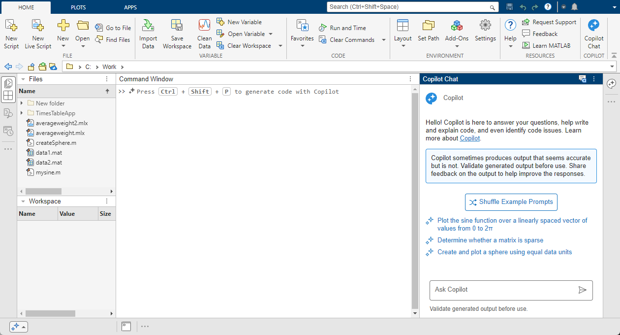 MATLAB desktop, showing the Copilot Chat panel on the right. There is also a Copilot Chat button on the MATLAB Toolstrip, a Copilot Chat icon on the right sidebar, Ctrl+Shift+P help text in the Command Window, and a Copilot status indicator on the lower left corner of the desktop.