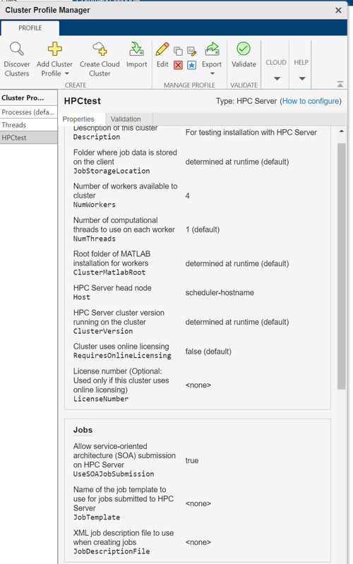 Cluster Profile Manager with the HPCtest cluster profile selected. Optional cluster properties are not modified.