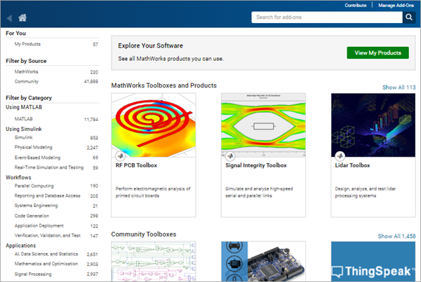 Add-On Explorer showing a list of add-ons including MathWorks Toolboxes and Products and Community Toolboxes. To the left of the list are filters for narrowing the list of add-ons and above and to the right of the list is a search bar.