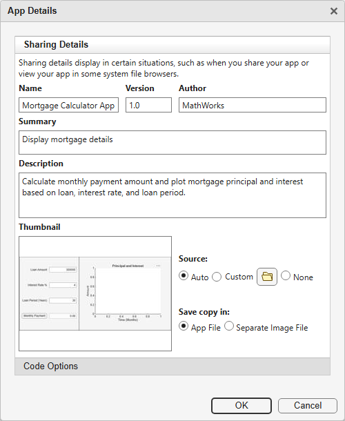 App Details dialog box showing fields for the app name, version, author, summary, description, and thumbnail