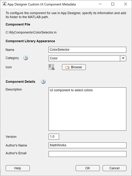 App Designer Custom UI Component Metadata dialog box for the ColorSelector component with the Category and Author's Name fields edited