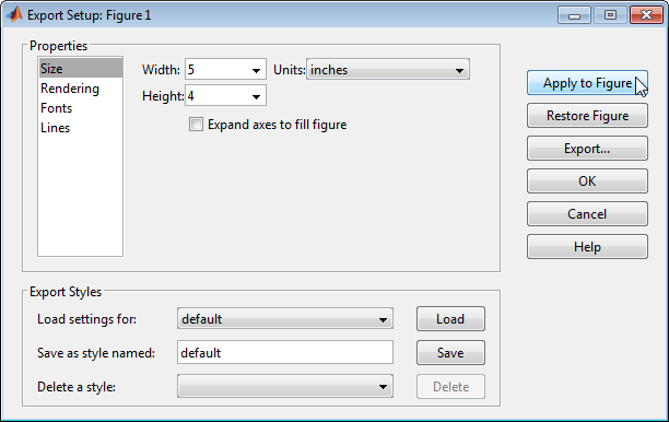 Export Setup window displaying the Size Properties panel. The Width field is set to 5 and the Height field is set to 4.