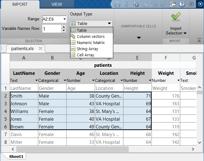 Import Tool showing options to specify the range of data, variable names row, and output type