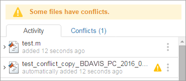 MATLAB Connector Activity section showing the file test.m and the renamed conflict copy of the file