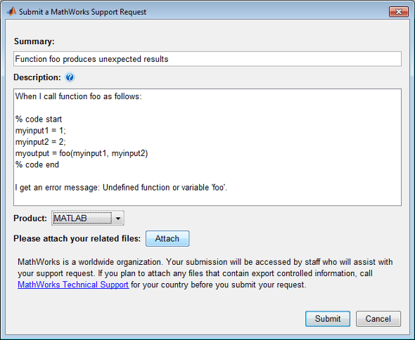 Submit a MathWorks Support Request dialog box