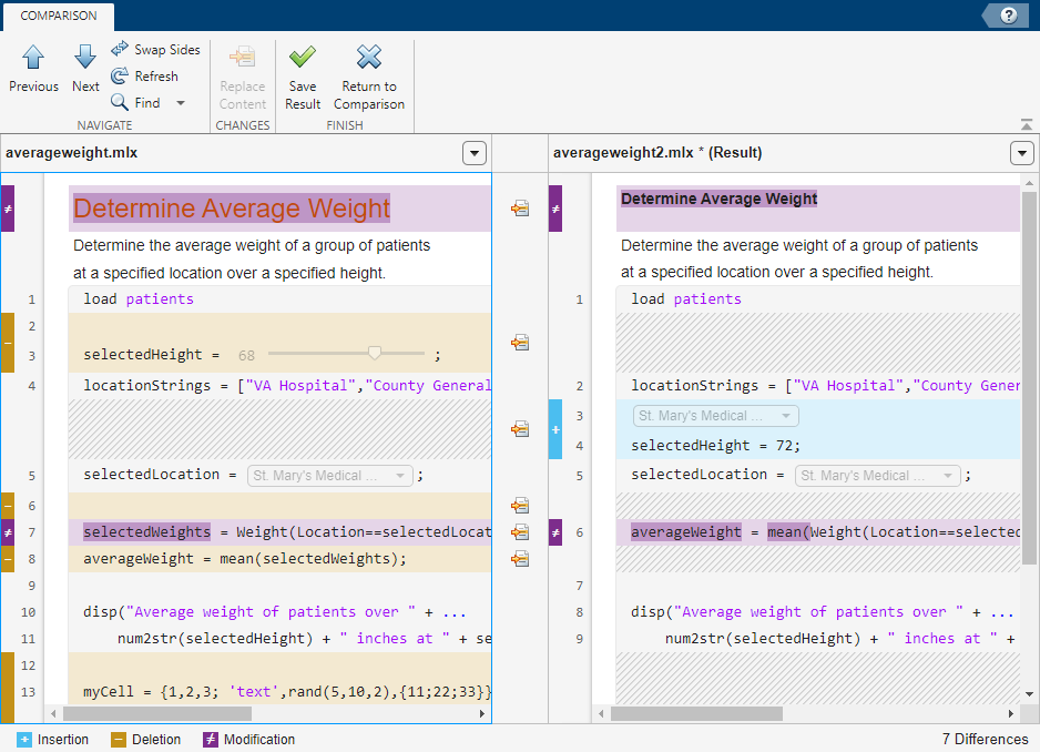 Comparison Tool in merge mode for the files averageweight.mlx and averageweight2.mlx