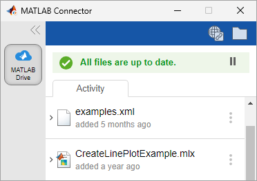 MATLAB Connector showing a green check mark status icon and the status "All files are up to date" and a list of recently synced files