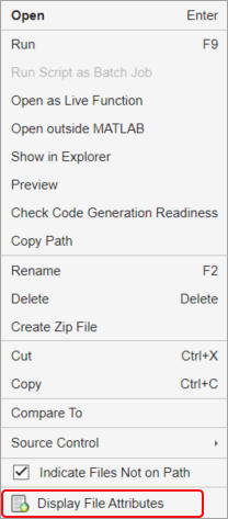 Files panel context menu with a Display File Attributes item at the bottom of the menu