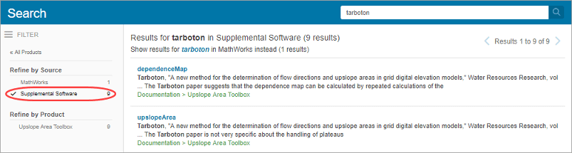 Help browser showing search results for the term "tarboton" in Supplemental Software. On the left, in the Refine by Source section, the Supplemental Software filter is selected.