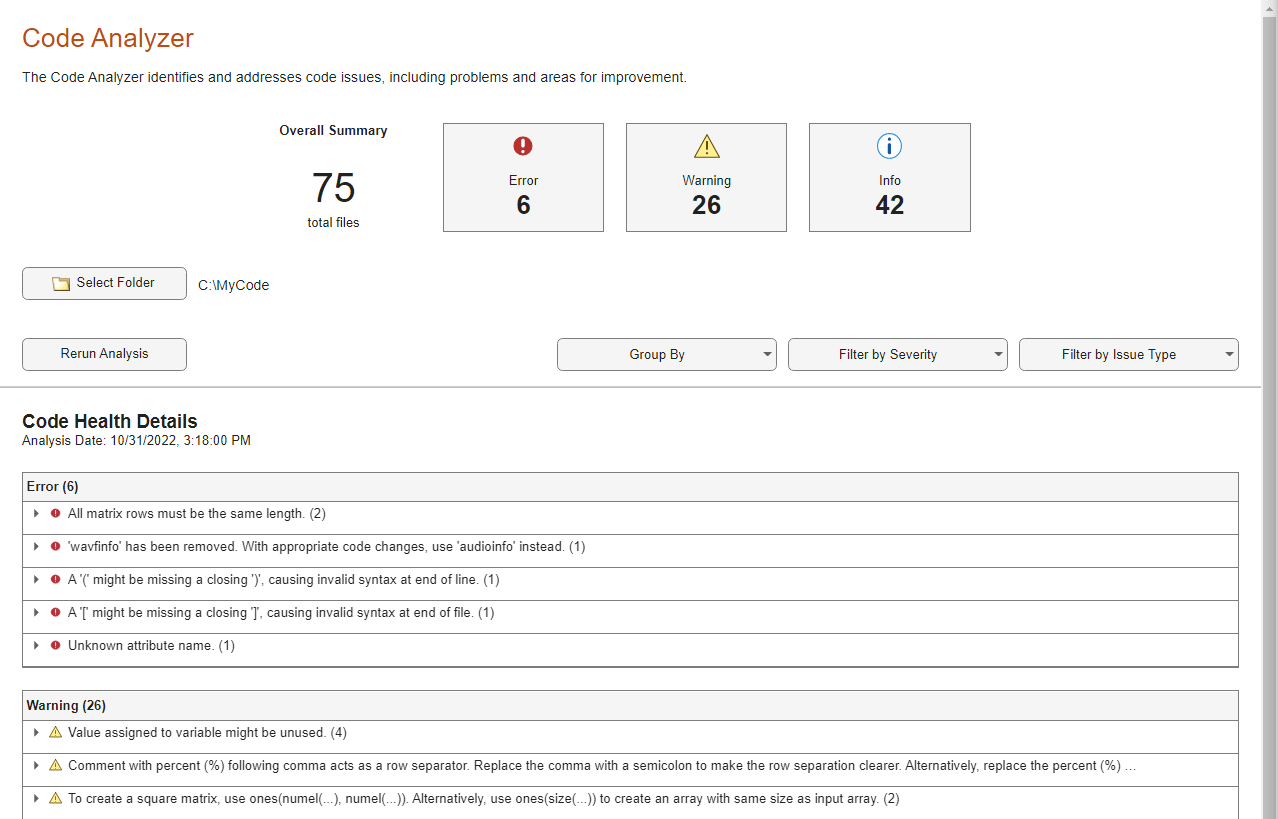 Code Analyzer app showing an overall summary of code issues and code health details