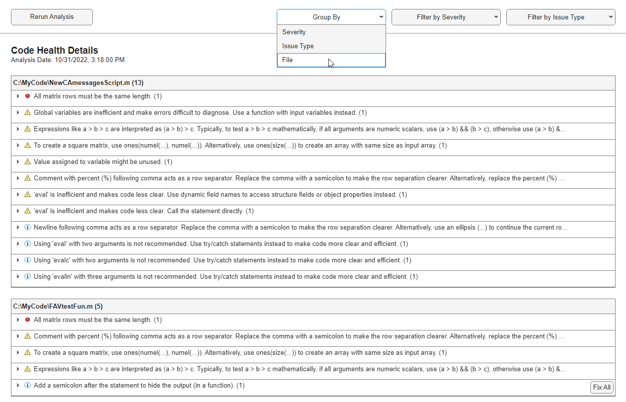 MATLAB Code Analyzer Report MATLAB Simulink MathWorks