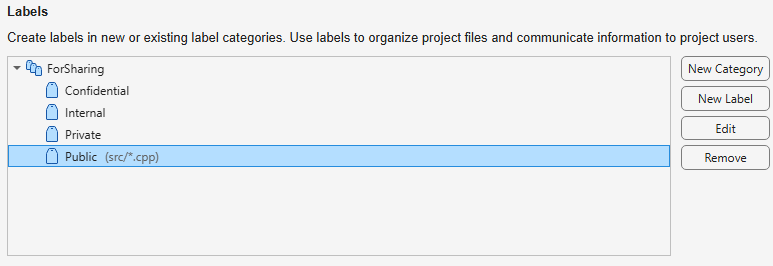 Labels section in the Project Settings dialog box shows the custom category and labels on the left and New Category, New Label, Edit, and Remove buttons on the right. The Public label is highlighted and shows the associated src/*.cpp pattern.