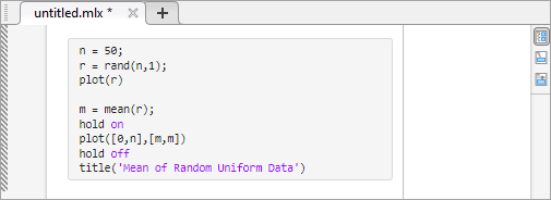 New live script in the Live Editor with code that plots a vector of random data and its mean