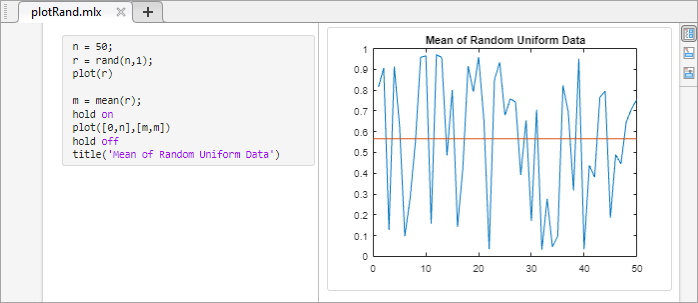 Live script named plotRand.mlx with output to the right of the code