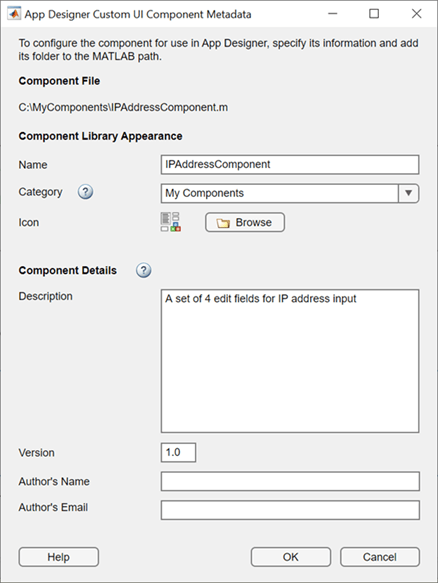 App Designer Custom UI Component Metadata dialog box. The dialog box lists the component file and provides fields for customizing the component metadata. The Component Library Appearance section contains fields for the component name, category, and icon. The Component Details section contains fields for the component description, version, author's name, and author's email. The bottom of the dialog box shows Help, OK, and Cancel buttons.