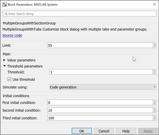 The Block Parameters dialog box for the MATLAB System block for the System object that contains the example code has the Value parameters panel collapsed and the Threshold parameters panel expanded. The Threshold parameters section includes a text field to set the Threshold parameter and a check box to set the Use threshold parameter.
