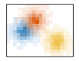 Three overlapping binned scatter plots with different colors in the same axes