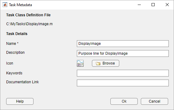 Task Metadata dialog box with the required task metadata prepopulated