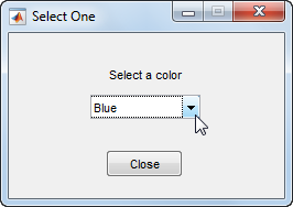 Dialog box with the title "Select One", the text "Select a color", a drop-down list with the option "Blue" selected, and a button labeled "Close"