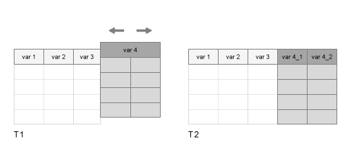 For example, if T1 has a variable named var4, and var4 has two columns, then splitvars(T1) splits var4 into two variables named var4_1 and var4_2 in the output table.