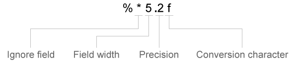 In %*5.2f, * designates ignore field, 5 is the field width, .2 is the precision, and f is the conversion character.