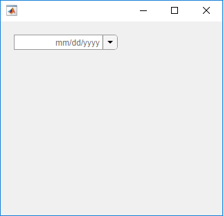 Date picker in a UI figure window. The date picker has watermark text "mm/dd/yyyy".