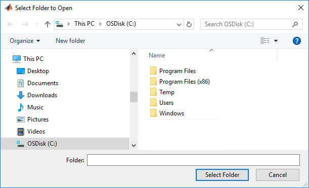 Folder selection dialog box. The dialog lists the available folders on the drive, and has a Select Folder button and a Cancel button in the bottom right.