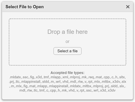 Select File to Open dialog box. The dialog box has a location to drop a file, a button to select a file, and a list of accepted file types.