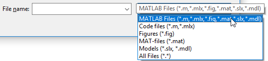 File name field and drop-down list. The drop-down list contains multiple options for file extension filters.