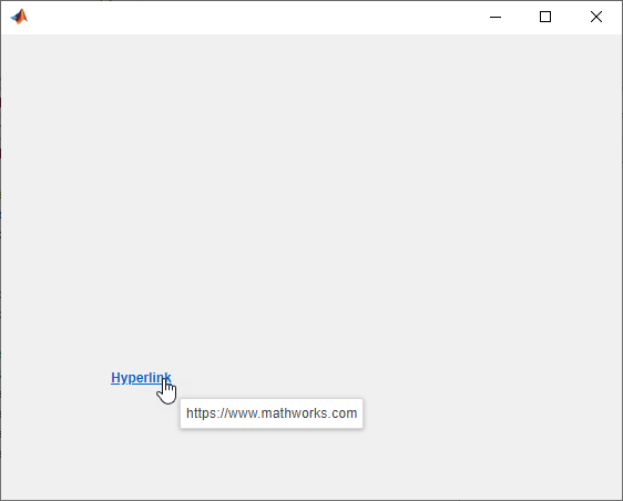 Hyperlink with text "Hyperlink". A mouse pointer is on the hyperlink, and the tooltip shows the URL of the MathWorks home page.