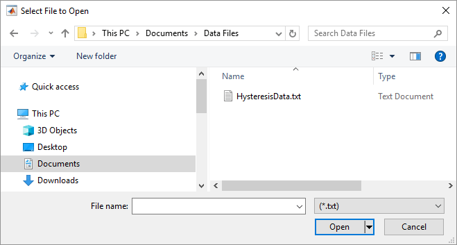 File dialog box. The file extension filer drop-down list has the option "(*.txt.)" selected.