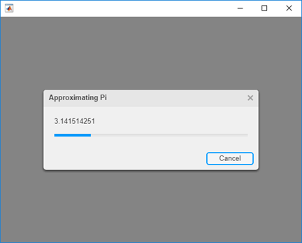 Progress dialog box with title "Approximating Pi". The dialog box text is an approximation of pi, and the progress bar length is a fraction of the full length.
