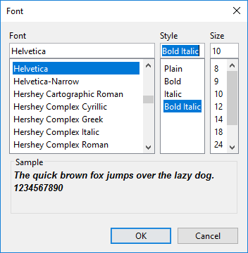 Font dialog box. The dialog box contains fields to select the font name, style, and size, and displays sample text with the selected font characteristics. The bottom of the dialog box has two buttons: "OK" and "Cancel".