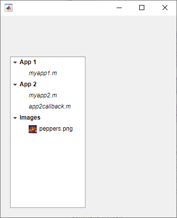 Tree UI component. The "App 1", "App 2", and "Images" nodes are bold, the nodes with file names that end in .m are italic, and the image file name has an icon of the image to its left.