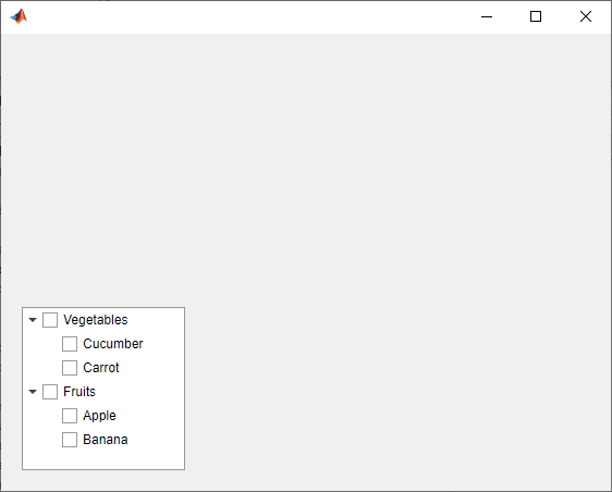 Check box tree with two top-level nodes, "Vegetables" and "Fruits". Each top-level node has two nested nodes beneath it.