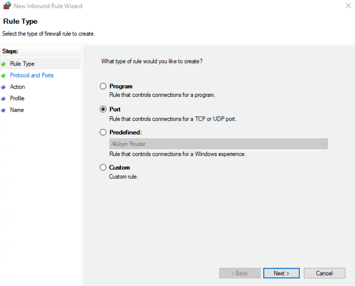 Setting rule type to port