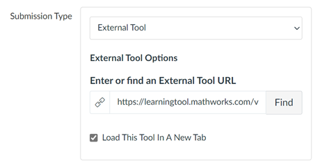 MATLAB Grader integration selected and Load This Tool In A New Tab checked