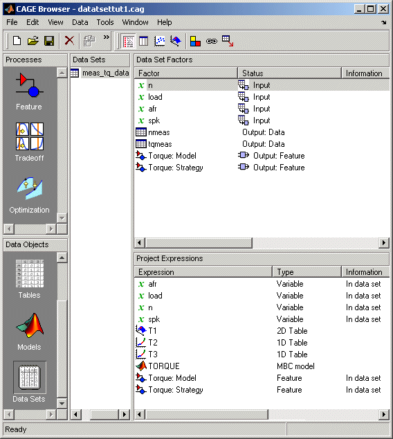 CAGE Browser window showing data set factors and project expressions with inputs, outputs, and variables.