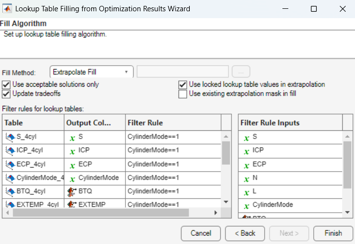 Table Filling from Optimization Results Wizard dialog box