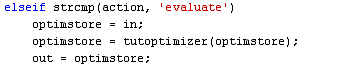 MATLAB code block for ‘evaluate’ action: assigns input to optimstore, runs tutoptimizer, and outputs updated optimstore.