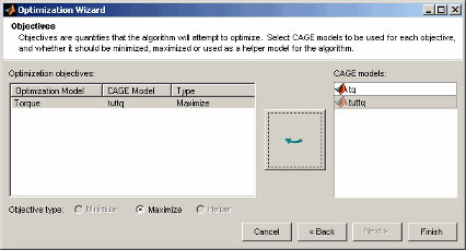 Optimization Wizard window showing objectives. Torque is linked to CAGE model tuttq with type set to Maximize. Right panel lists ttq and tuttq. Options for objective type are Minimize, Maximize, and Helper.