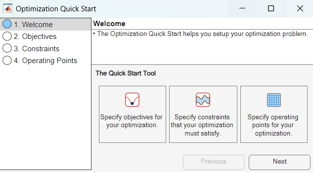 Optimization Quick Start dialog box welcome page.
