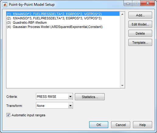 Screenshot of Point-by-Point Model Setup dialog showing selected model types including polynomial, quadratic RBF, and Gaussian Process, with PRESS RMSE as the fitting criterion.