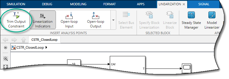 Simulink model of the closed loop showing the CA output signal highlighted.