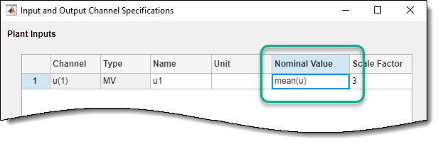 Upper part of the Input and Output Channel Specifications dialog box, showing mean(u) being typed in te Nominal Value box.